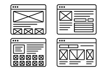 Wall Mural - Website design layout concepts for modern user interfaces showcasing wireframe examples, UI blueprint templates, digital UX planning, web page structure, minimalist vector cartoon illustrations set