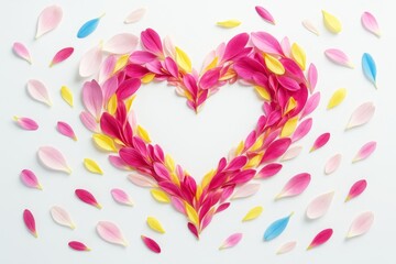 Wall Mural - Heart shape made from colorful flower petals with scattered petals on white background, symbolizing love, nature and freshness concept. Ai generative