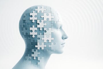 Wall Mural - human head made of puzzle pieces symbolizing mental complexity and cognition on a white abstract sci