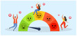 © panchanok - Emoji satisfaction meter, low stress and good mood indicator.  Good Mentally healthy people, Professional productivity, motivation, enthusiasm vector illustration