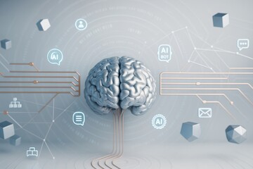 Wall Mural - futuristic digital brain connected to ai icons and networks on light tech background for artificial 