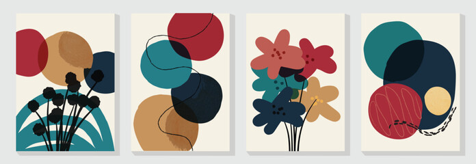 Wall Mural - abstract wall art vector set. flower and organic shape with watercolor texture in earth tone colors.