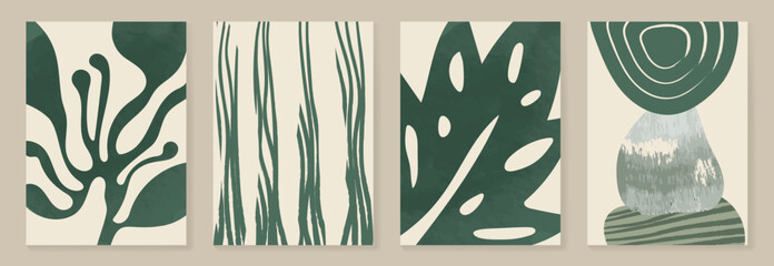 Wall Mural - Abstract wall art vector set. Leaves and organic shape with green watercolor texture in earth tone colors. Illustration design for Eco packaging, interior, cover, wall art, wallpaper.