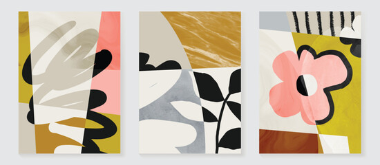 Wall Mural - Abstract wall art vector set. Flower and organic shape with watercolor texture in earth tone colors. Illustration design for Eco packaging, interior, cover, wall art, wallpaper.