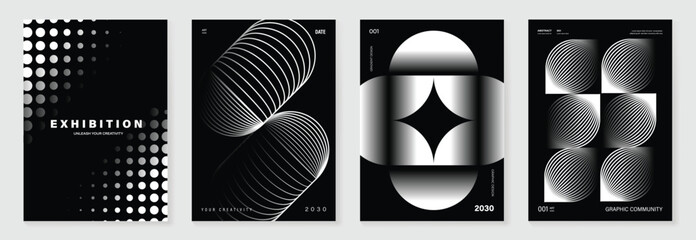 Wall Mural - Abstract monochrome poster background vector set. Modern cover template with black and white perspective geometric prism shape, line, dot halftone. Ideal design for social media, banner, ads.
