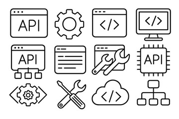 API software development outline icon set. Technology, interface, and programming tool icons. Concept of integration, coding, and cloud computing. Vector line art symbols.