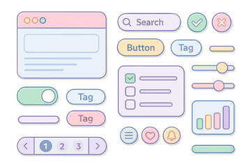 Pastel UI kit for web and mobile app design. Cute cartoon user interface elements set. GUI pack with button, icon, chart, search bar, slider. Vector graphic for wireframe.