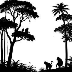  Silhouette of monkeys in trees and on the ground in a jungle setting