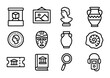 © Tania - Museum Icon Set. Outline icon set of museum collections: display case, painting, sculpture, artifact, ancient