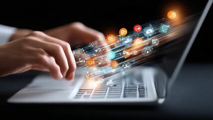 Coding Stream: Hands type rapidly on a laptop, data streams from the screen in a blur of light, representing coding, data flow and digital world.