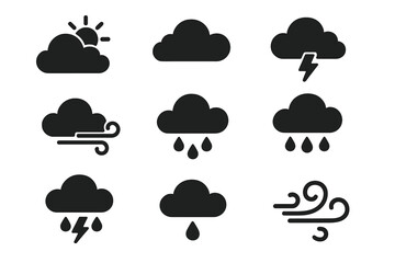weather cloud silhouette icon set, storm wind rain symbols collection, black vector cartoon illustra