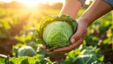 Freshly Harvested Cabbage Held in Hands at Sunset Farm.