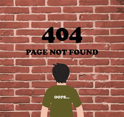 Creative 404 error illustration showing a man facing a brick wall with page not found text. Modern flat vector concept for website error page, fail message, or broken link design. Vector illustration