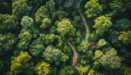 Wall Mural - a winding dirt path cuts through a dense canopy of lush green trees as seen from a high aerial perspective.
