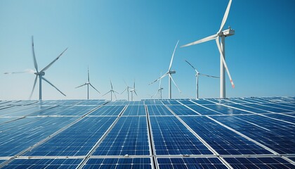 a field of solar panels stretches toward a distant array of white wind turbines under a clear blue sky, representing sustainable energy sources.