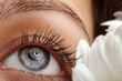 © marinafrost - Close up of human blue eye with clean eyelashes and healthy skin, surrounded by white chrysanthemum petals. Concept of ophthalmology, eye care, medical health and clear natural vision