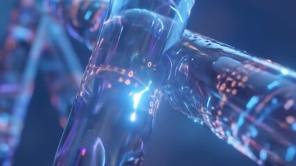 Glowing, translucent tubes intersect, displaying binary code and energy flows within a deep blue background