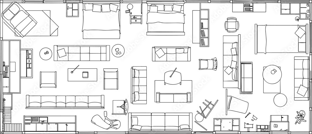 Detailed Top-View Floor Plan with Furniture Layout: Architectural ...