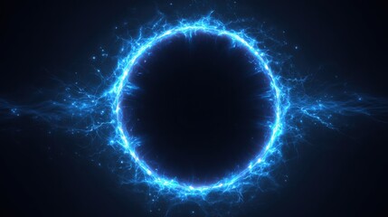 Wall Mural - stunning photo of electric blue lightning frame with plasma portal on dark background. round glowing
