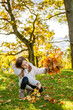 © Anna Lurye - Little girl enjoying autumn outdoors, dressed warmly, sitting on the grass while collecting oak leaves in golden and orange shades