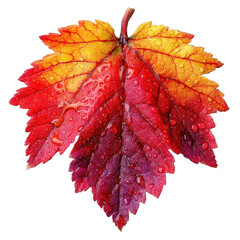 a vibrant autumn leaf, showcasing a spectrum of red, orange, and yellow hues, detailed with water dr
