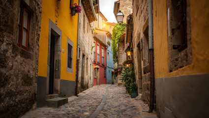 Naklejka na meble Charming Cobblestone Alleyway: Colorful European Village Street at Sunset, Warm Golden Hour Light