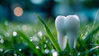 © Aliaksandra - Model of a tooth standing upright on dewy green grass