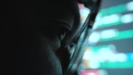 Close-up Reflection green code in lenses of glasses and eye of Male programmer works late at night, focusing on software development, coding, and cybersecurity analysis.