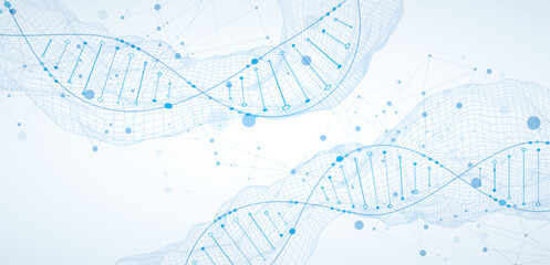 Wall Mural - Abstract image of DNA molecule on wireframe wave. Scientific vector background.