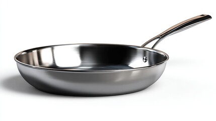 Polished stainless steel frying pan with long handle isolated on a white background