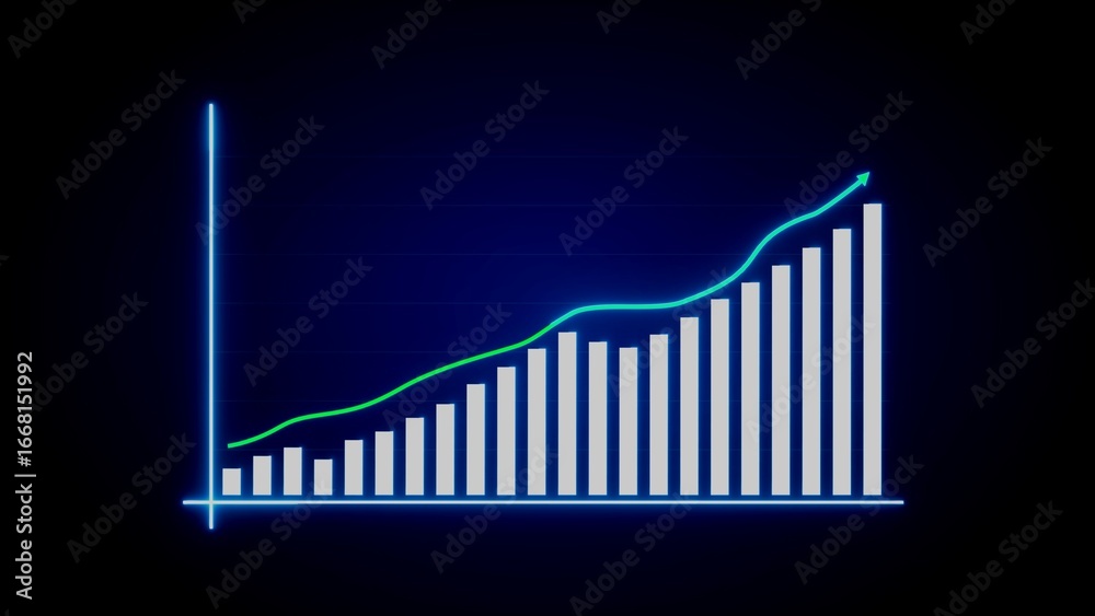 Neon blue graph with green line chart showing upward financial growth ...