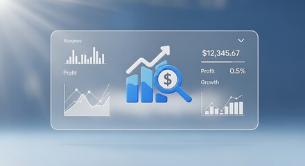 Financial growth chart with magnifying glass and data analysis on glass panel