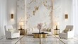 © GoenarsoBimo - Interior rendering of a luxury living room with marble walls, gold accents, and stylish furniture
