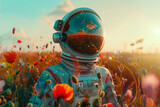 Futuristic alien warrior astronaut robot in a cyber suit and helmet adorned with fresh spring red poppy flowers, symbolizing Valentine's Day love