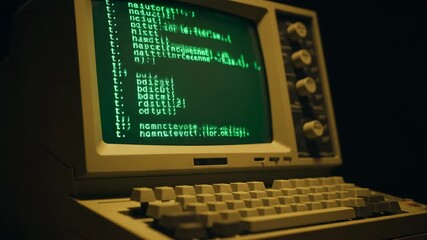 Vintage Green Screen Computer Programming - Close-up view of an old vintage computer with a green screen displaying lines of code.