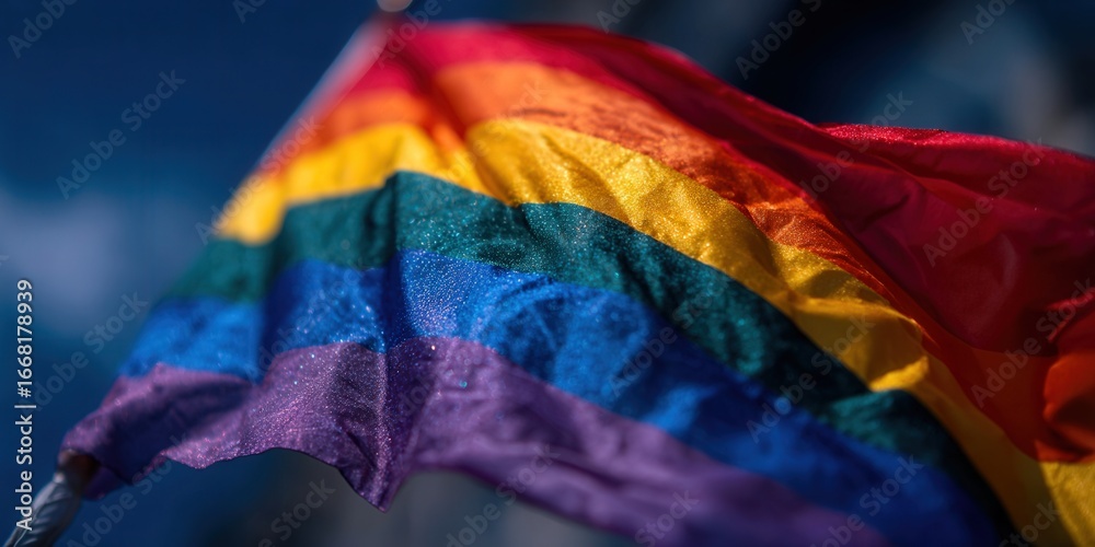 The rainbow flag waving in the wind against a bright blue sky, a symbol ...