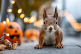 Cute squirrel sitting under string lights with glowing jack-o-lanterns, magical evening scene, cozy and funny, blank banner space, halloween mood