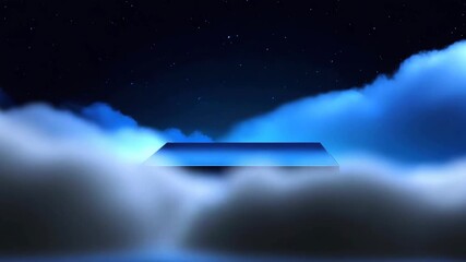 Wall Mural - A futuristic floating platform against a backdrop of a starry night sky. A dreamy surreal scene unfolds, with fluffy clouds enveloping a geometric platform.