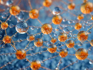 orange net with water droplets against a blue background