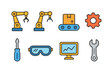 © Viacheslav - Robot Assembly Line Icons. Flat vector mini-illustrations assembly line robots in colors children's