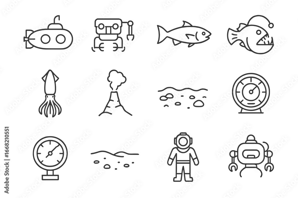 Deep Sea Icons. Outline icon set of deep sea exploration: submarine ...