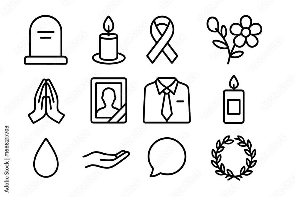 Final Farewell Icons. Outline icon set of final goodbyes: gravestone ...