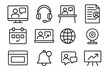 © Viacheslav - Online Coaching Icons. Outline icon set of coaching sessions online: video call screen, headset icon, laptop