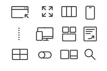 Adaptive Interface Icons. Outline icon set of adaptive interface elements: resizable window, auto-fit icon,