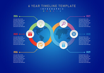 Wall Mural - 6 year timeline infographic template. Multicolored overlapping curves with a map in the center. Top has grey buttons with multicolored icons. Left and right sides have text. Blue gradient background.