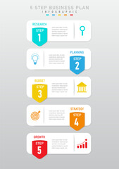 Wall Mural - 5 steps business planning vertical infographic template. White rectangle, multicolored rounded corners rectangles and numbers on top with icons, grey text in the middle, grey gradient background.