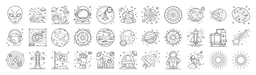 Wall Mural - “Science and Space Icon Set – Astronomy, Physics, Chemistry Outline Vector Illustration”