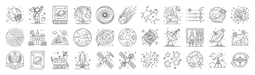 Wall Mural - “Science and Space Icon Set – Astronomy, Physics, Chemistry Outline Vector Illustration”