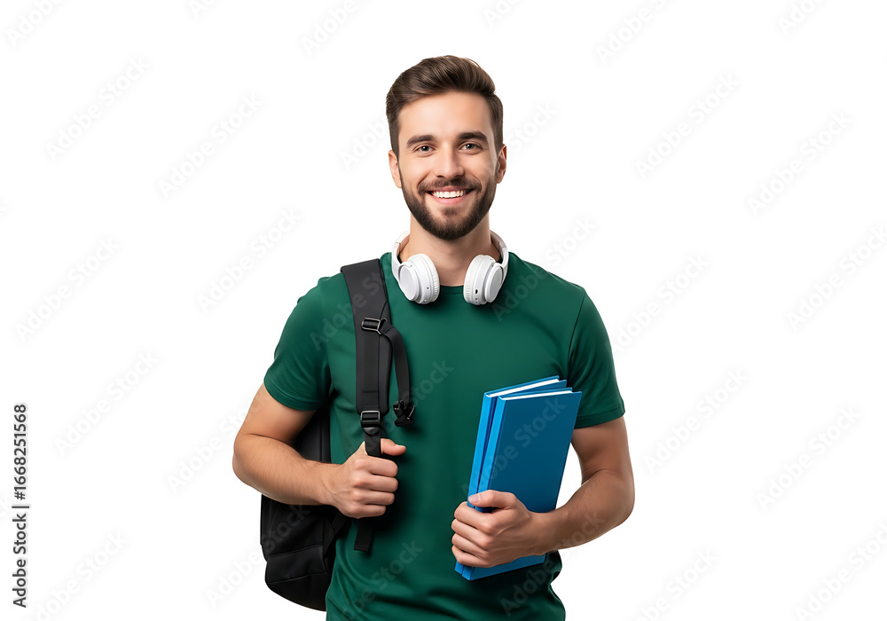 A happy young male student w with holding books and backpack, isolated ...