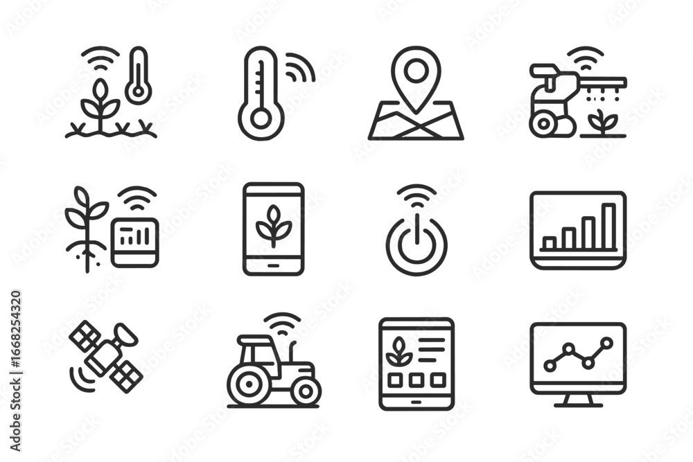 Smart Farming Icon Set. Outline icon set of smart farming tools: field ...